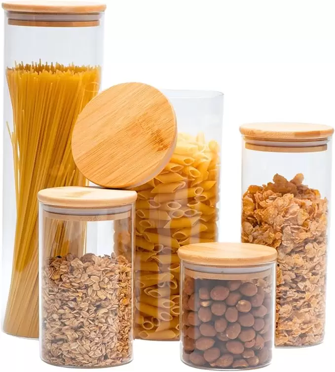 Kit 5 Potes Herméticos de Vidro com Tampa de Bambu KONTUZ