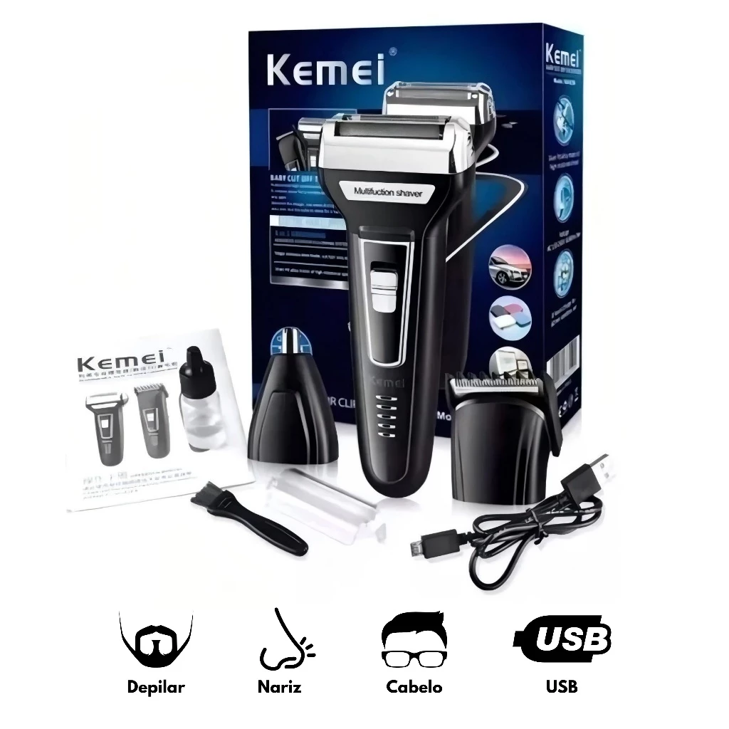 Barbeador e aparador Kemei KM-6558 3 em 1 com acessórios