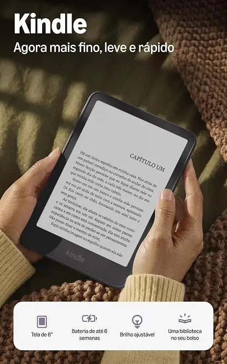 Kindle 2026 grafite com tela de 6 polegadas durante a leitura