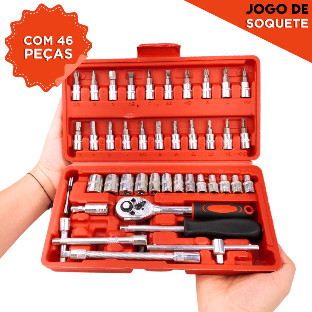 Maleta vermelha com kit de ferramentas de 46 peças e catraca